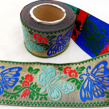 9 Yards Antique Gold Jacquard Brocade Sari Border Trim, Indian Woven Ribbon, Butterfly Trim